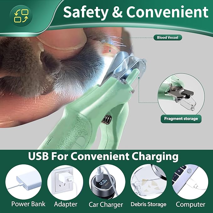 2-in-1 Cat Nail Clippers & Dog Nail Clippers Trimmers for Large Medium Small Dogs Cats Claw Trimmer Quick Sensor and Safety Guard USB Rechargeable with 2 LED Lights Dogs Nail Trimmer