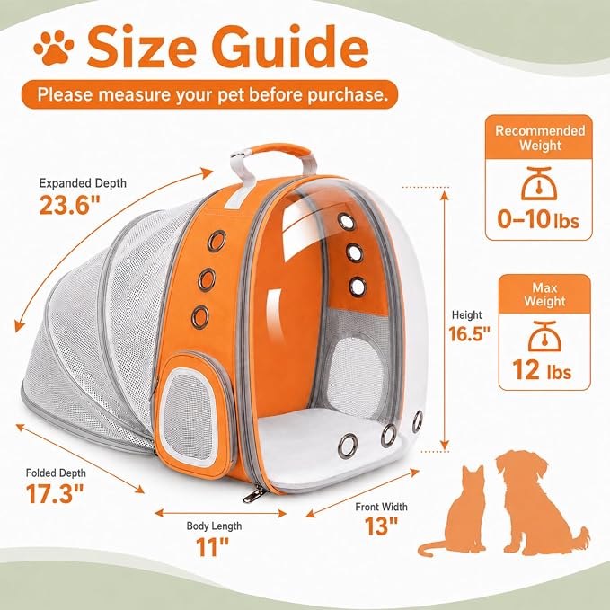 Pet Carrier Backpack Expandable for Cats and Small Dogs, Breathable Anti-Collapse Design, Airline Approved Travel Backpack for Hiking and Outdoor Use (Back Expandable-Orange)