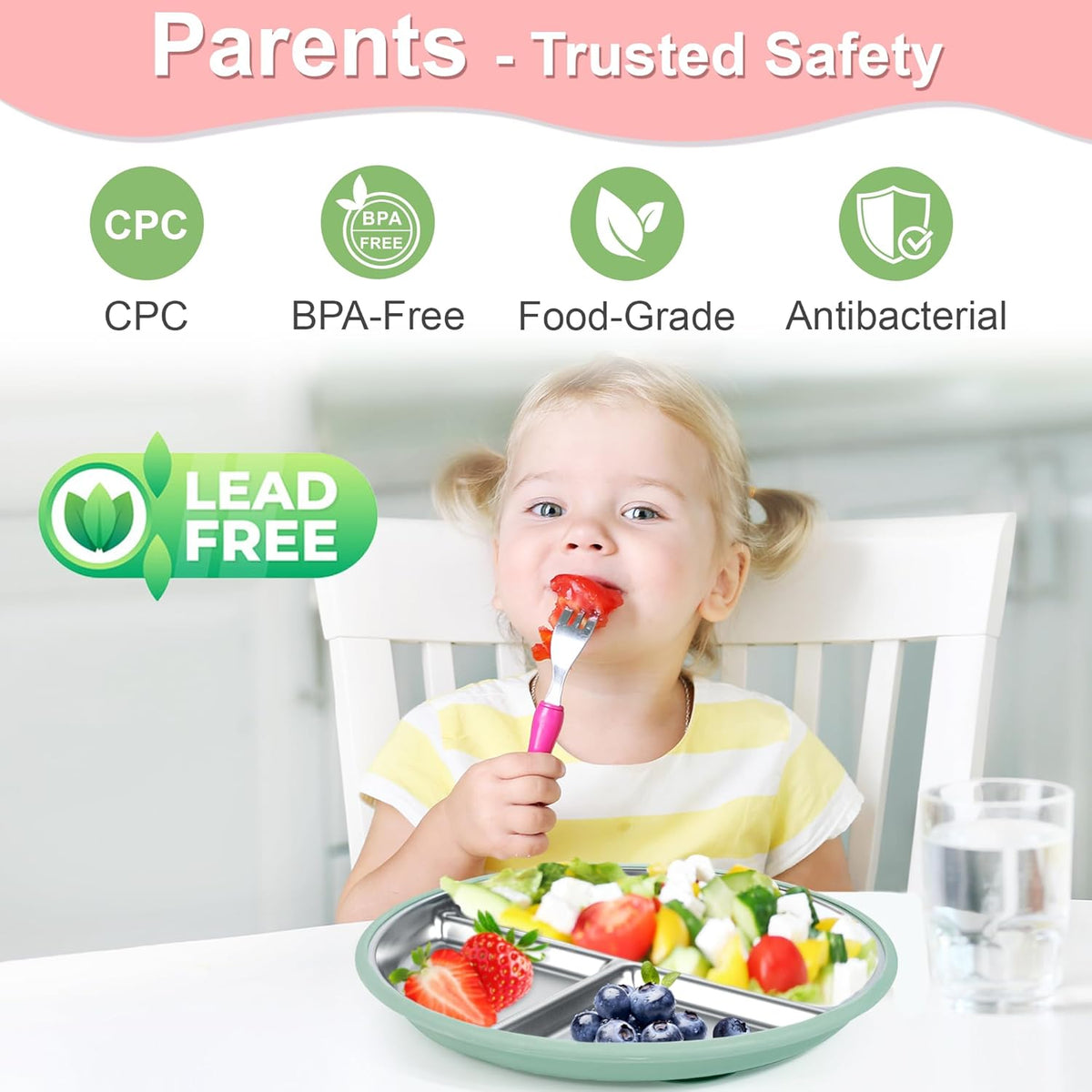 Stainless Steel Toddler Plates Silicone Suction,3 Packs Non-Slip Baby Plates,Divided Portion,Food-Grade Silicone Plate for Kids,LEAD-FREE Dishwasher Safe,Grey Green Pink