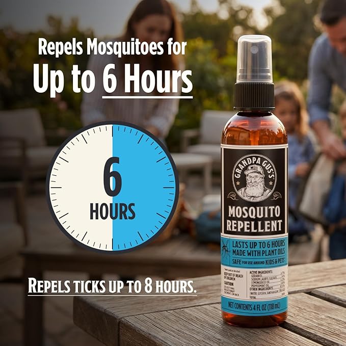Grandpa Gus's Natural Mosquito Repellent Spray - DEET-Free Plant-Based Insect Repellent for Kids and Family, Up to 6 Hours, Travel-Friendly Bug Spray, 4 oz