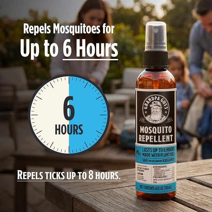 Grandpa Gus's Natural Mosquito Repellent Spray - DEET-Free Plant-Based Insect Repellent for Kids and Family, Up to 6 Hours, Travel-Friendly Bug Spray, 4 oz 2 Pack
