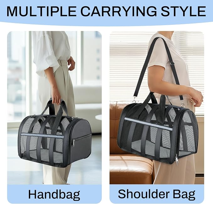 Soft Sided Pet Carrier, Airline Approved Dog Cat Travel Bag with Mesh Windows, Collapsible Portable Pet Carrier for Small Medium Dogs Cats (Black)