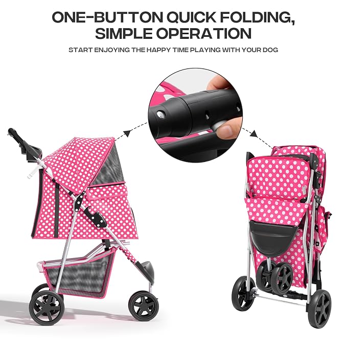 Pink Dog Stroller for Medium Dogs 30 lbs Pet Stroller for Small Dogs Cat Strollers for 2 Cats, 3 Wheels Foldable Jogger Puppy Stroller with Storage Basket and Cup Holder, Pink Polka Dots