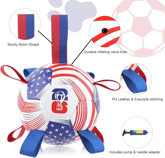 Dog Toys Balls, Dog Soccer Ball with Straps, Dog Birthday Gifts, Durable Balls for Small Medium Pet, Puppy Outdoor Toy, Pet Training Soccer Ball, 2026 World Cup Soccer (6 Inch)