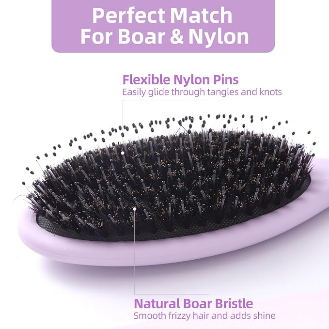 Boar Bristles Hair Brush for Women and Men, Detangling Hair Brush for Smoothing Massage Add Shine, Nylon&Boar Bristles Detangler brush for Hair Healthy (1 Pcs-Purple&White)
