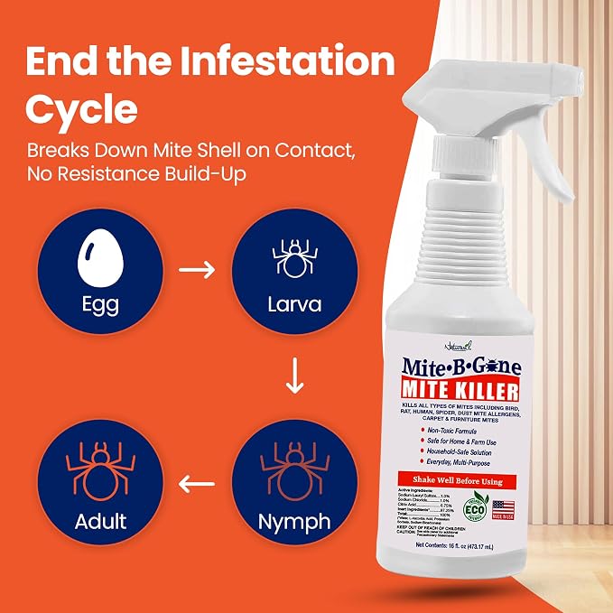 Dust Mite Killer Spray by Mite-B-Gone 16oz | Naturally Kills Human Mites, Chicken, Bird, Dust, Spider, Rat, Turkey, Carpet Mites | Family & Pet Safe Treatment for Homes, Furniture, Bedding & Farms