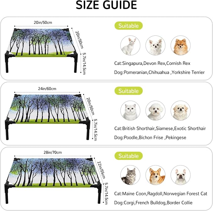 Outdoor Elevated Dog Bed for Large Dogs, Blue Green Forest Breathable Cooling Raised Dog Cot for Indoor/Outdoor, Modern Nature Tree Branch Landscape Waterproof Elevated Pet Beds, L 28 x 22 in