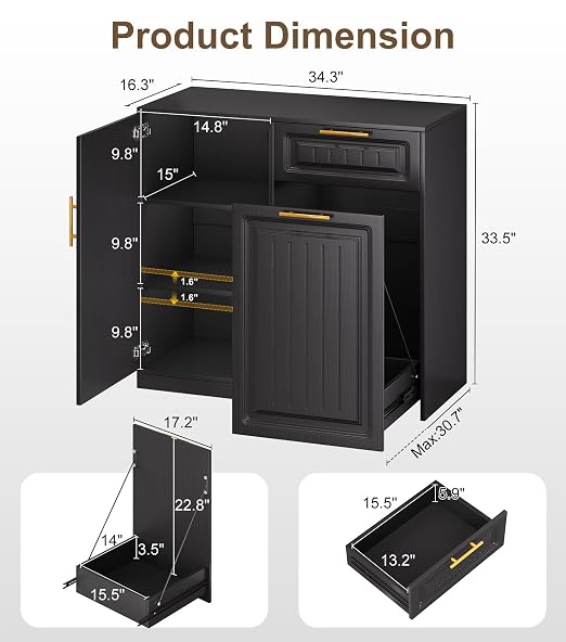 ZIFTY Pull Out Trash Can Cabinet with Storage, 13 Gallon Trash Can, Black | Pet Proof, Freestanding Kitchen Cabinet, Drawer & Adjustable Shelf, Garbage Recycling, Modern Farmhouse Waste Bin Furniture