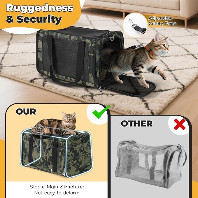 Cat Carrier Soft 25lbs Two Loading Pet Carriers Portable Small Dog Puppy Airline Approved Carrier with Side Pockets Foldable Portable for Outdoor Car Black Camouflage