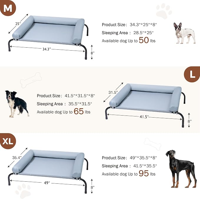 Cooling Elevated Dog Bed with Pillows,Portable Washable Raised Dog Cot with Chew Proof Mesh and Metal Frame,No-Slip Rubber Feet for Indoor & Outdoor Use,XLarge,Gray