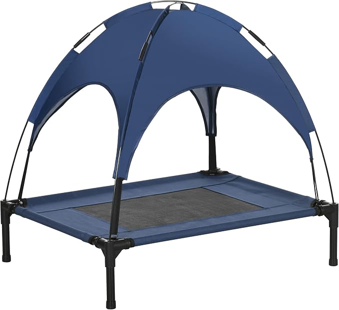 PawHut Elevated Dog Bed with Removable Canopy, Outdoor Dog Cot with UV Protection Canopy Shade, 30 inch Pet Bed for Camping, Dark Blue | Large Pet Bed, Outdoor Dog Cot, UV Protection Shade, Camping