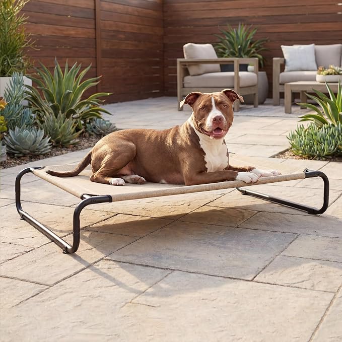 Veehoo Cooling Elevated Dog Bed, Outdoor Raised Dog Bed for Large Dogs | Dog Cot with Thickened Frame, Durable Teslin Mesh & Anti-Slip Rubber Feet, Pet Hammock for Indoor or Camping, 45", Beige