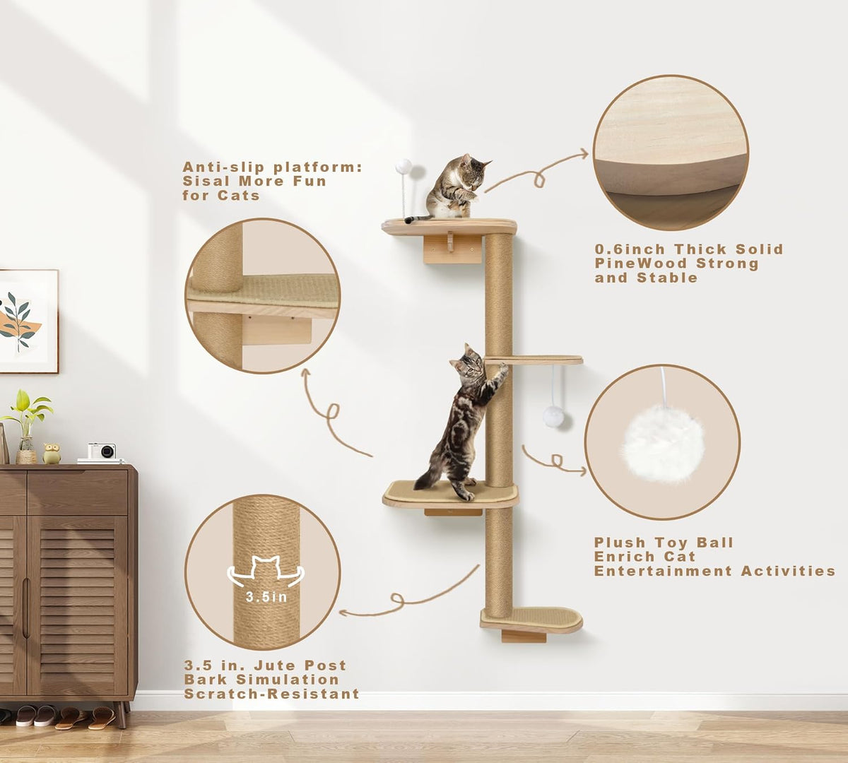 Cat Wall Shelves & Climber for Kittens – 4-Level Wall Mounted Cat Tree with Natural Sisal Pads, Adjustable Tower for Indoor Cats Up to 30lbs, Cat Wall Furniture System