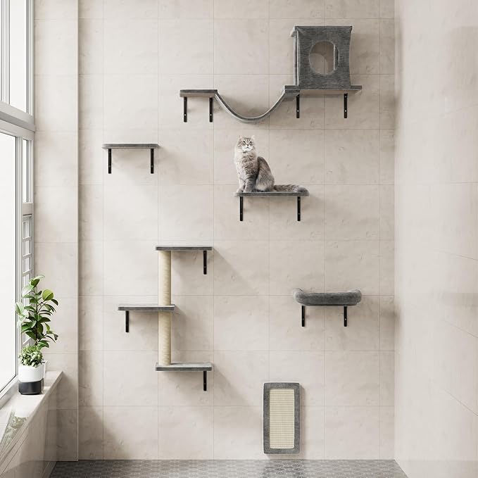 12-in-1 Cat Wall Shelves, Luxury Wall-Mounted Cat Climber Set with Condos House, Scratching Post, Bridge Ladder, Indoor Space-Saving Furniture for Kittens, Dark Gray