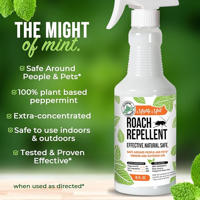 Mighty Mint Peppermint Oil Roach Repellent Spray – Natural Cockroach Killer for Indoor & Outdoor Use – Plant-Based Insect & Pest Control – 16 oz (Pack of 2)