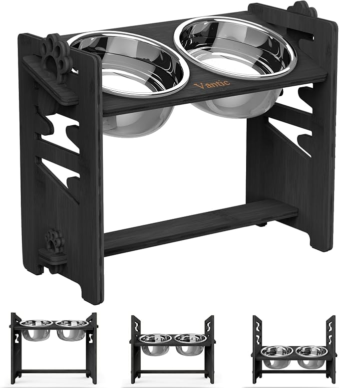 Elevated Dog Bowls, Raised Bowl Stand Adjustable Large/XLarge, Black | Bamboo Elevated Feeder with 2 Stainless Steel Bowls, Adjustable Height Stand for Large and Extra-Large Dogs