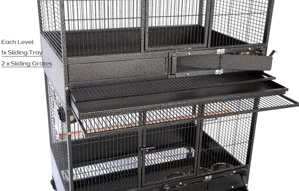 Extra Large Stackers Heavy Duty Wrought Iron Breeder Parrot Aviary Bird Breeding Rolling Cage with Side Nest Doors (Black Vein, Triple Stacker)