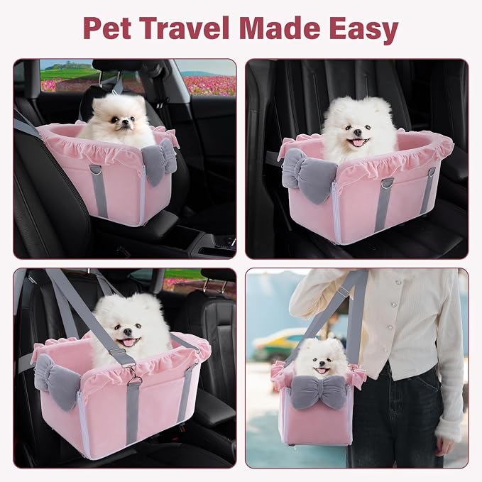 Jaoul Dog Car Seat for Small Dogs - Fully Detachable with Adjustable Straps Center Console Dog Car Seat - Comfortable Bow Design Pet Seats - Portable Pet Booster for Puppy, Cat (Pink Gray)