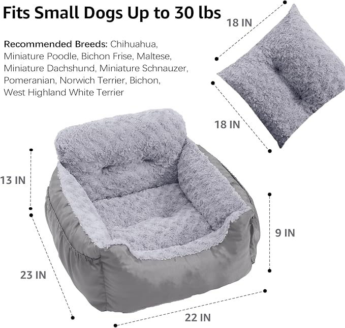 Oiilores Dog Car Seat for Small Dogs, Washable Pet Booster Seats with Clip-On Safety Leash, Comfy Deluxe Plush Carseat with Pockets, Puppy Car Travel Carrier Bed for Dogs Under 25 lbs, Light Grey