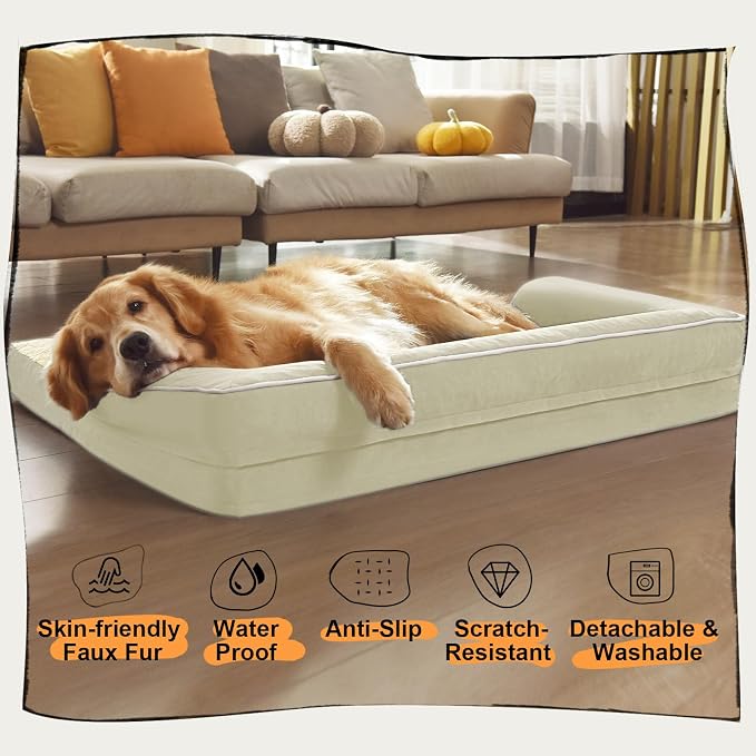 Orthopedic Waterproof Dog Bed with Bolster for Extra Large Size Dogs | Pillow Support for Neck Relief, Egg Crate Foam, Waterproof Liner, Anti-Slip Bottom, Removable Bolster Cover, 48 x 33 Inch