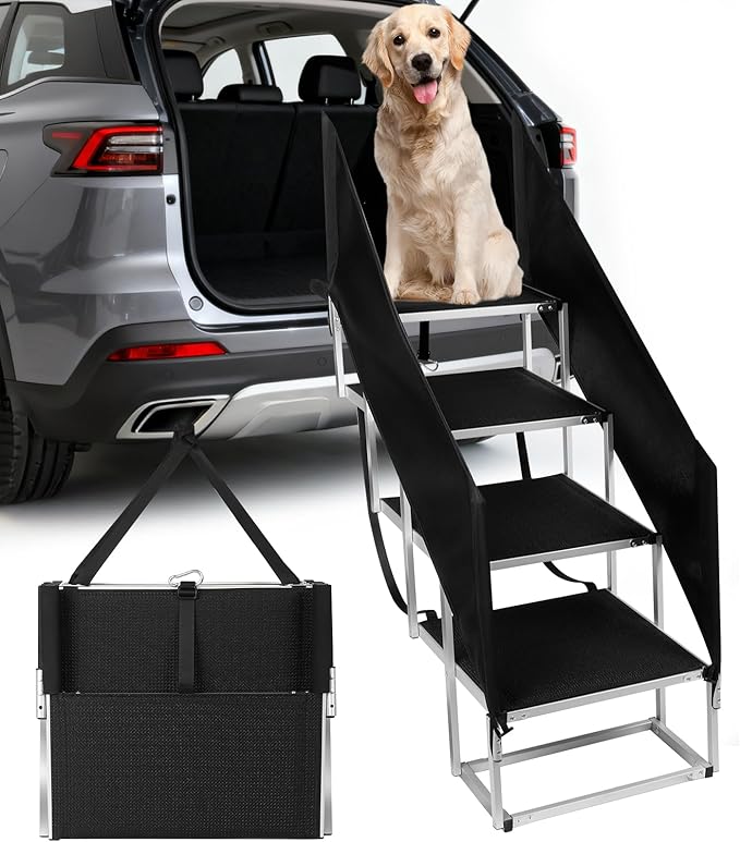 DeerGym Dog Stairs with Guardrail for Large Dogs,22" L × 17" W 230 lbs | Foldable Pet Steps for Car 4 Step Non Slip Surface Designed for Oversized SUVs, Off Road Vehicles, and Pickup Trucks