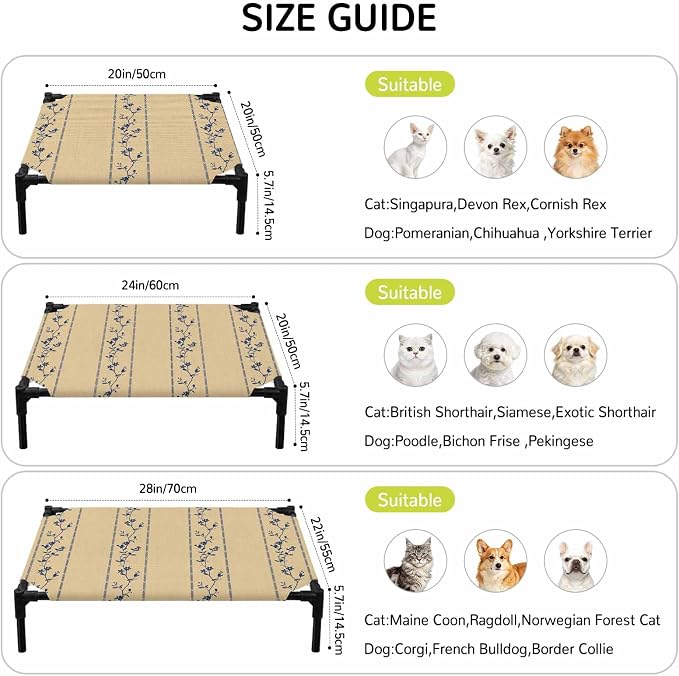 Outdoor Elevated Dog Bed for Medium Dogs, Khaki Flower Branch Breathable Cooling Raised Dog Cot for Indoor/Outdoor, Spring Summer Farmhouse Botanical Waterproof Elevated Pet Beds, M 24 x 20 in