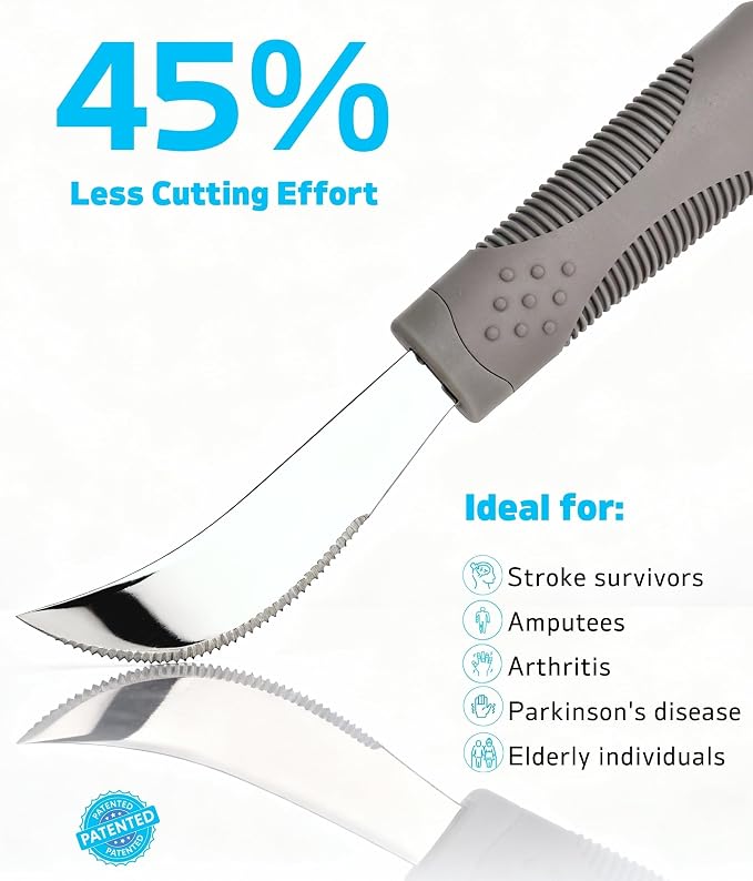 7 oz Heavy Weighted Adaptive Utensils Set with Rocker Knife - Maximum Weighted Silverware for Severe Parkinson's, Heavy Hand Tremors & Essential Tremor, Extra Stability Grip (Grey)