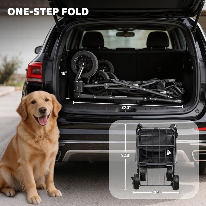 REDCAMP Folding Dog Wagon for Large Dogs, 110lbs Heavy Duty Pet Stroller | 17.3" Extendable Rear Ramp for 2 Medium Dogs, All-Terrain Dog Cart with Brakes & Push Handle for Senior Pet, Black