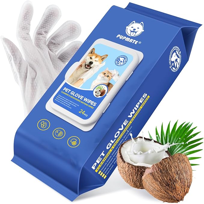 PUPMATE Pet Cleaning Glove Wipes for Dogs & Cats, Hypoallergenic Deodorizing Disposable Bathing Wipes,No-Rinse Grooming Wipes,Perfect for Pet Dry Cleaning,Daily Care and Travel, Coconut Scent, 24 pcs