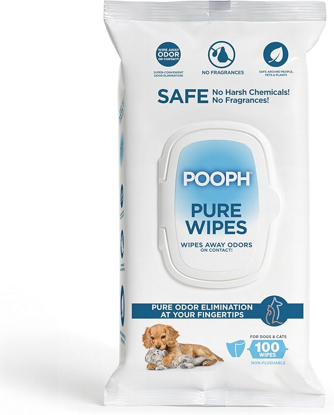 POOPH® Pure Wipes™ – 100 Count Pack – Gentle, Fast Odor-Elimination – NO Fragrances, NO Harsh Chemicals – Cleans Paws, Butt, Ears, Face, Fur – Perfect for Cars, Crates, All Surfaces