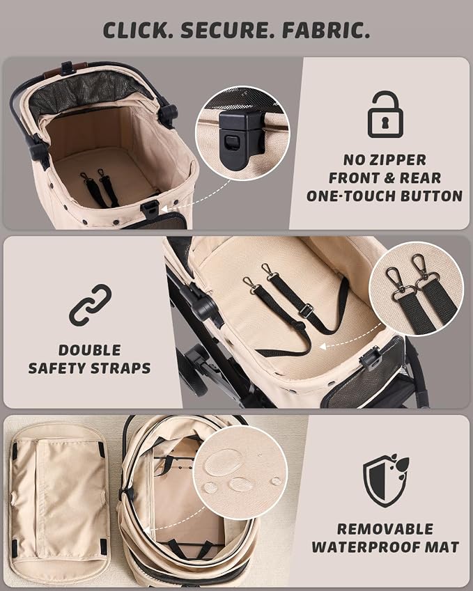 797Audio Dog Cat Stroller for Small Medium Pets,3-in-1 Foldable Pet Stroller with Detachable Carrier,Car Seat,One Click Folding,All-Terrain 4 Wheels,Adjustable Canopy with Sun Shades,Max 121lbs(Beige)
