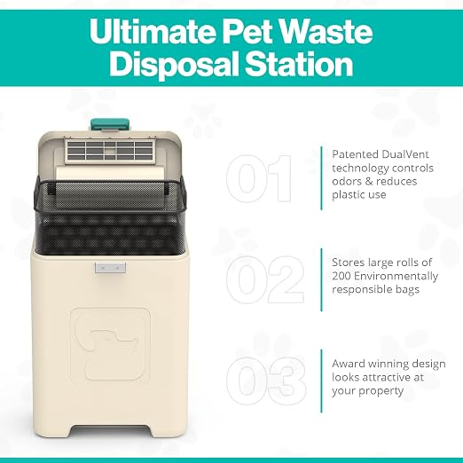 PawPail Pet Waste Station with Activated Carbon Filter and DualVent Odor Control - Outdoor Dog Poop Trash Can with 200 Dog Poop Bags - 19 Liter, Beige