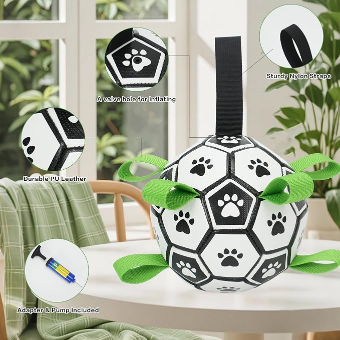 Dog Toys Balls, Dog Soccer Ball with Straps, Dog Birthday Gifts, Durable Balls for Small Medium Pet, Puppy Outdoor Toy, Pet Training Soccer Ball, World Cup Soccer (7.25 Inch)