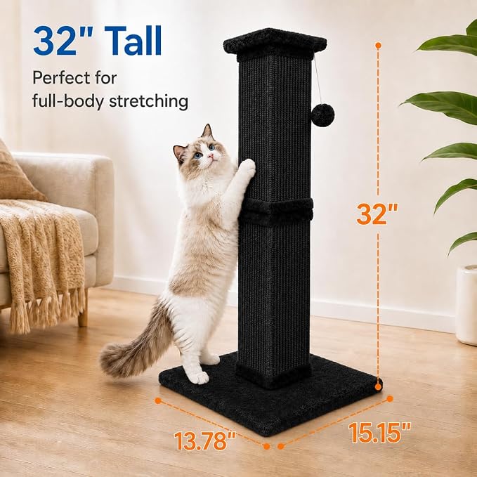 Vertical Cat Scratching Post for Indoor Cats, Sisal Scratch Tower with Soft Plush Base & Ball, 32'' Tall Cat Scratcher Column for Kittens and Adult Cats, Furniture Protection, Full Black