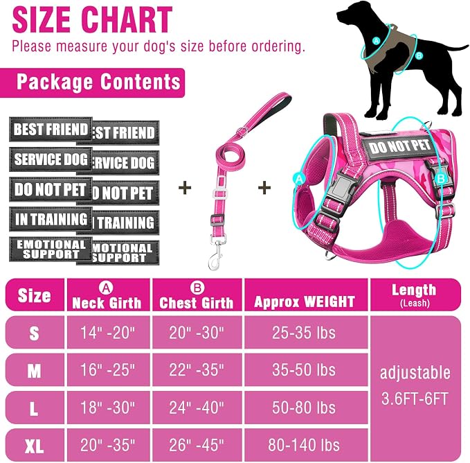 Tactical Dog Harness and Leash Set with 10 Patches for Large Dogs | Heavy Duty No Pull Service Dog Vest with Dog Seat Belt ,Adjustable Reflective Easy Walk for Training Hiking Camo Pink L