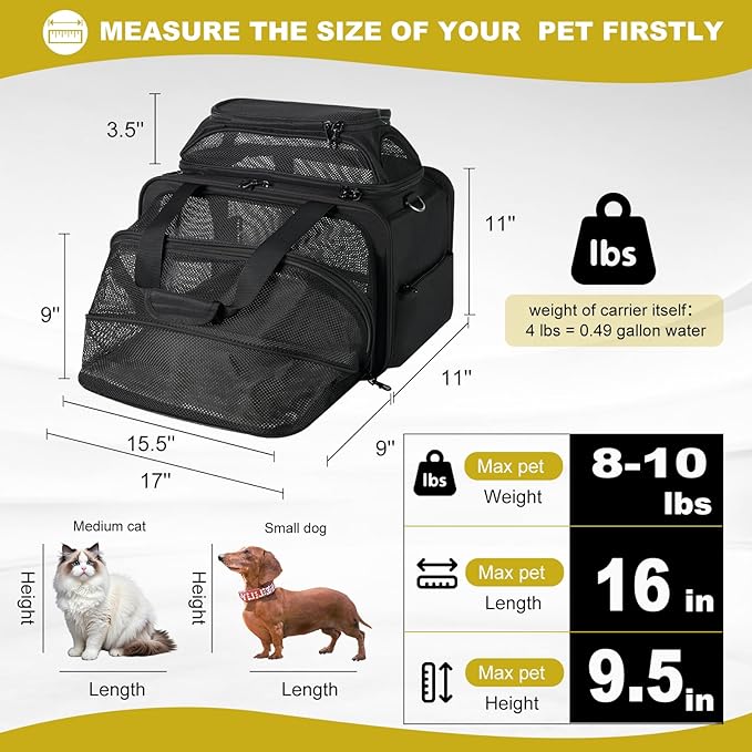 pidipiti top and 1 Side Expandable, 17x11x11 Soft-Sided pet Carrier, TSA and American/Delta/United Airline Approved,for Small Dog/Puppy/cat underseat in Airplane and Vet.