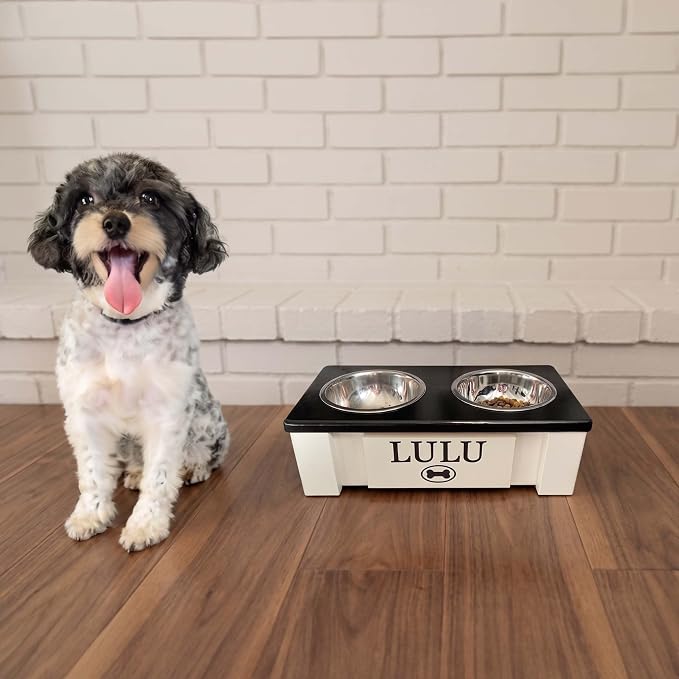 Elevated Dog Bowls for Small Dogs, Personalized Food Stand for Toy Breed | Farmhouse Style, Elevated Wood Stand, Storage Container, Stainless Steel Bowls, Raised Anti-Slip Feeder, Made in USA