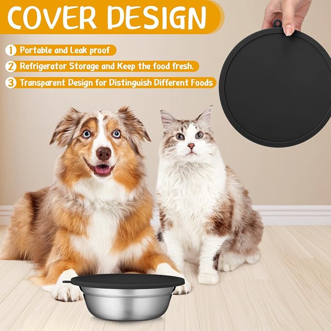 Patelai 4 Pcs Stainless Steel Dog Bowls 7.9" with Silicone Lids Portable Food and Water Dishes for Pets Sealable Containers for Small Medium Dog Cat Indoor (Black)