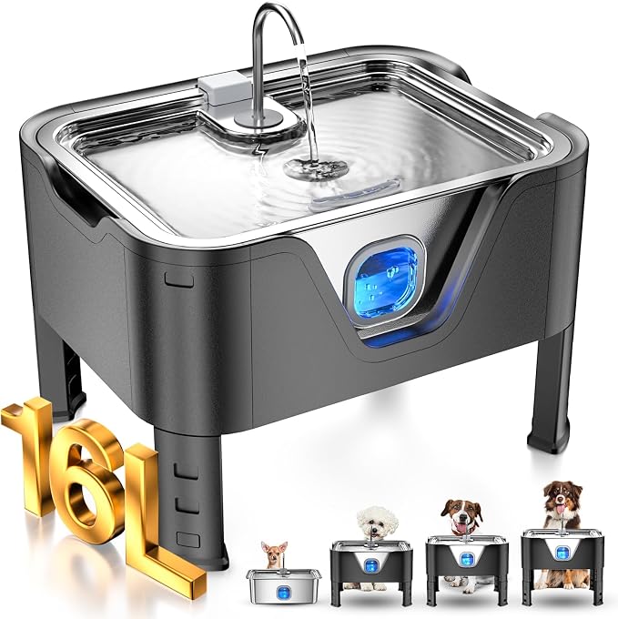 4.2Gal Dog Water Fountain for Large Dogs, 16L Stainless Steel Large Dog Fountain Water Bowl with Deeper & Wider Drinking Tray, Automatic Pet Water Dispenser with Visible Window (with Adjustable Stand)