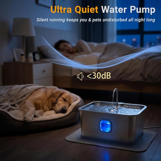 18L/4.76Gal Large Dog Water Fountain, Non-Slip Mat & 4 Filters | 304 Stainless Steel Pet Water Fountain, Quiet Run, Wide Deep Drinking Tray, LED & Water Window, Easy to Clean for Large Dogs