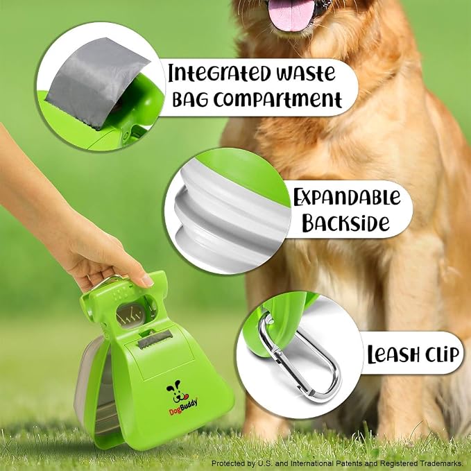 DogBuddy Pooper Scooper, Portable Dog Pooper Scooper, Poop Scooper for Small and Large Dogs, Pooper Scooper with Bag Attachment, Leash Clip and Dog Waste Bags Included (Large, Kiwi)
