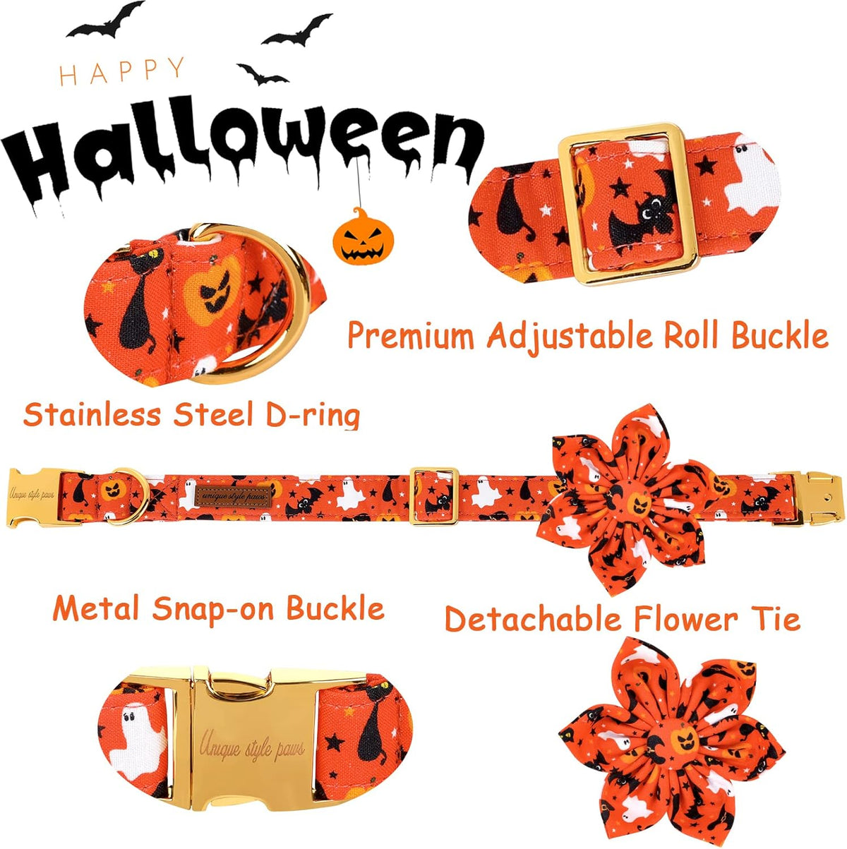 Unique style paws Halloween Dog Collar with Flower Tie Cotton Adjustable Puppy Collar for Small Medium Large Dogs-S