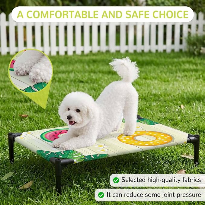 Outdoor Elevated Dog Bed for Large Dogs, Summer Swimming Rings Breathable Cooling Raised Dog Cot for Indoor/Outdoor, Floral Plumeria Yellow Wooden Waterproof Elevated Pet Beds, L 28 x 22 in