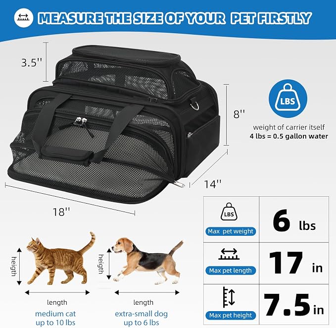 pidipiti 18x14x8 TSA Approved,top and Side Expandable pet Carrier for Extra-Small Dog Under 6 lbs,or Medium cat Under 10 lbs,for Airlines only Have 8'' Height Space underseat