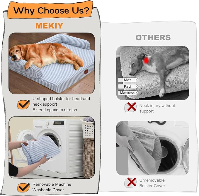 Orthopedic XL Dog Bed with Bolster for Extra Large Size Dogs | Pillow Support for Neck Relief, Egg Crate Foam, Skin-Friendly Surface, Waterproof Liner, Anti-Slip Bottom, 42 x 30 Inch