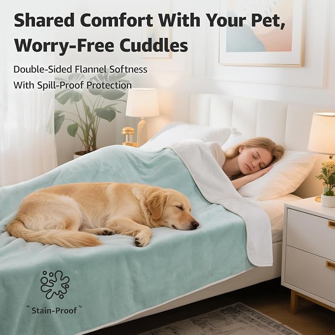 LOOBANI King Size Waterproof Blanket, Oversized Bed Cover, 85"x108", Green | Reversible Flannel Dog Blankets for Large Dogs, Spill-Proof Couch Cover for Family Movie Nights, Camping, Travel, Noise Free