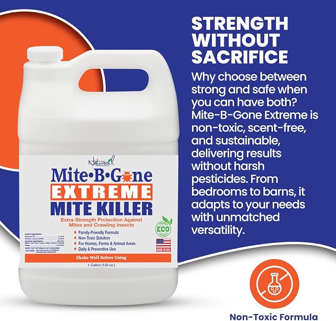 Mite-B-Gone Extreme Mite Killer Spray – 4 Pack (1-Gallon Jugs) | Large-Area Natural Mite Treatment for Farms, Coops, Barns, RVs & Outdoor Gear | Fast-Acting, Non-Toxic, Family-Friendly Formula