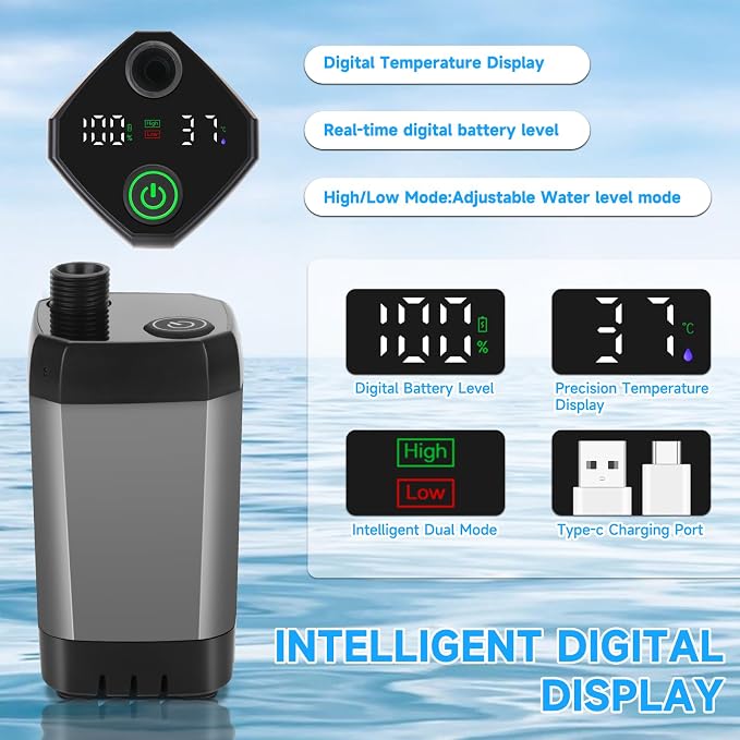 vignuto Portable Shower for Camping, Rechargeable Camping Shower Pump with LED Display of Battery Level and Temperature