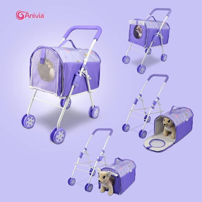 ANIVIA Pet Stroller and Accessories for Kids Ages 3 to 7 Year Olds, Dog Toy for Toddlers, 2 Pieces Play Dog Set, Puppy Party Playset with 1 Pet Puppy Included Purple