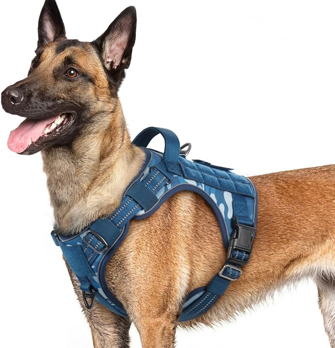 rabbitgoo Tactical Dog Harness for Large Dogs, No Pull Service Pet Vest | Military Molle System & Easy Control Handle, Adjustable and Reflective for Walking and Training, Blue Camo, Large